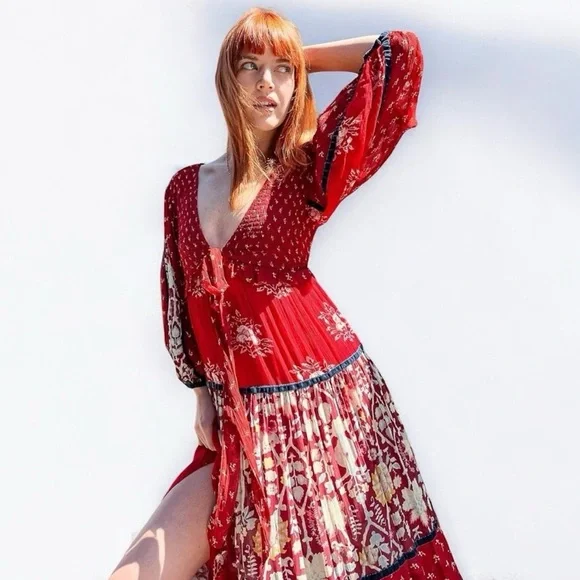 Free People Bali Laurel Bohemian Long Sleeve Red Maxi Dress - $298 - Picture 5 of 16